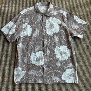 Folk Floral Button Down Shirt Men's Large Brown Cotton Short Sleeve